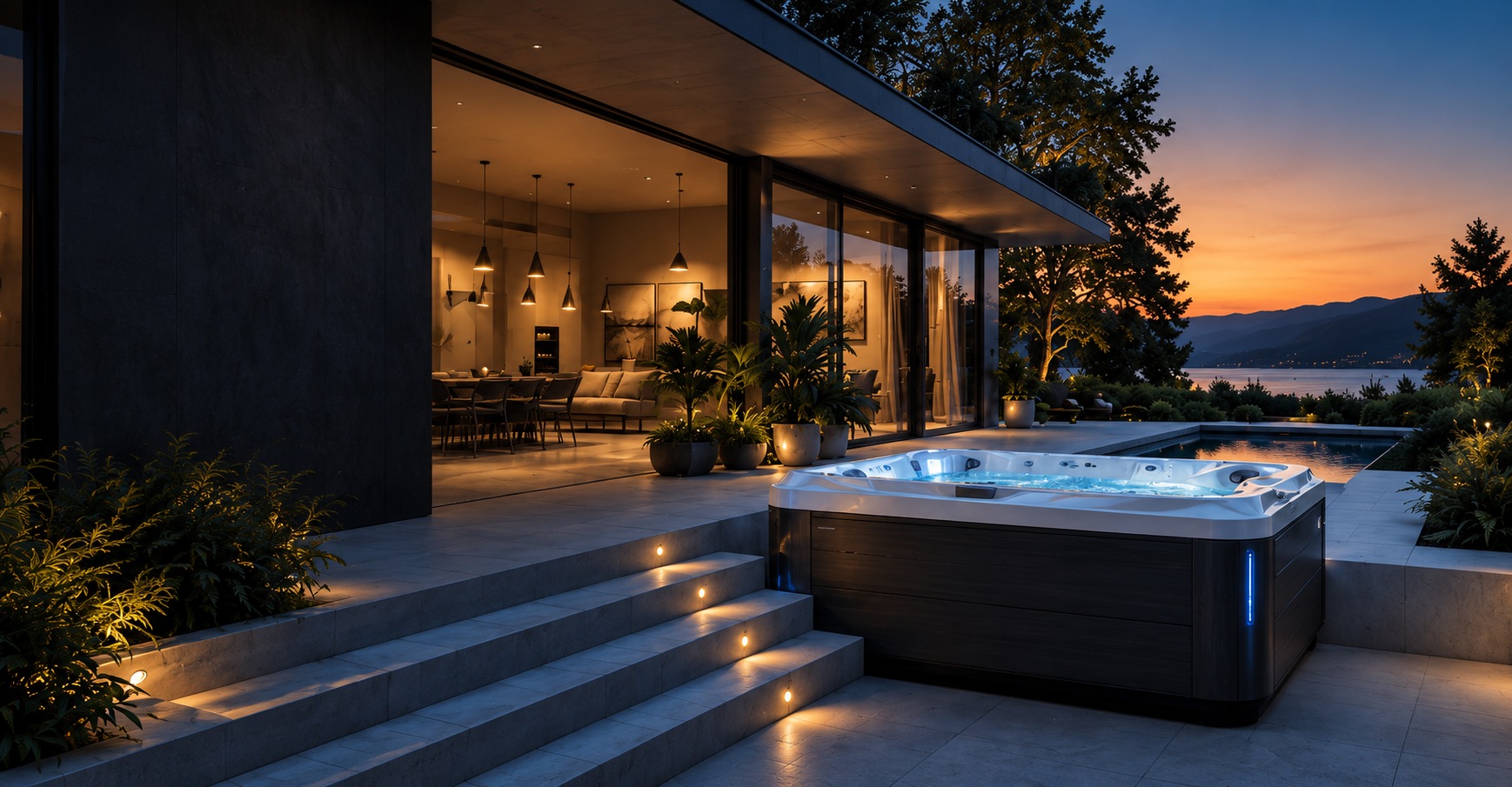 Illusztratív látványkép: esti wellness egy tóparti villa teraszán. Nem konkrét Relax Max Spa termék vagy referencia.